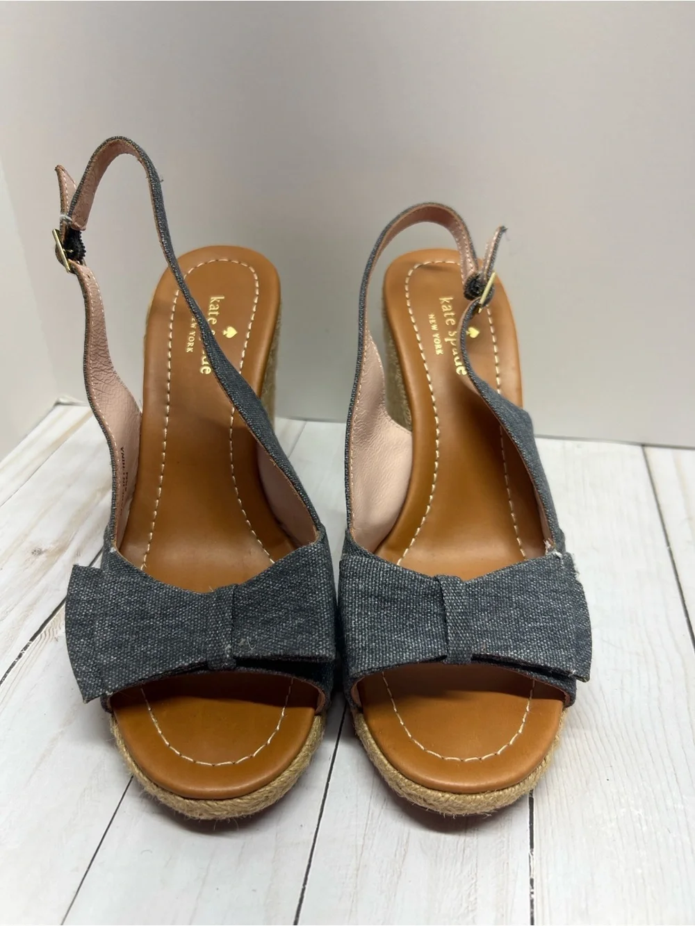 Kate Spade Jaden Chambray Wedge Sandals Bow Espadrille Size 8.5M